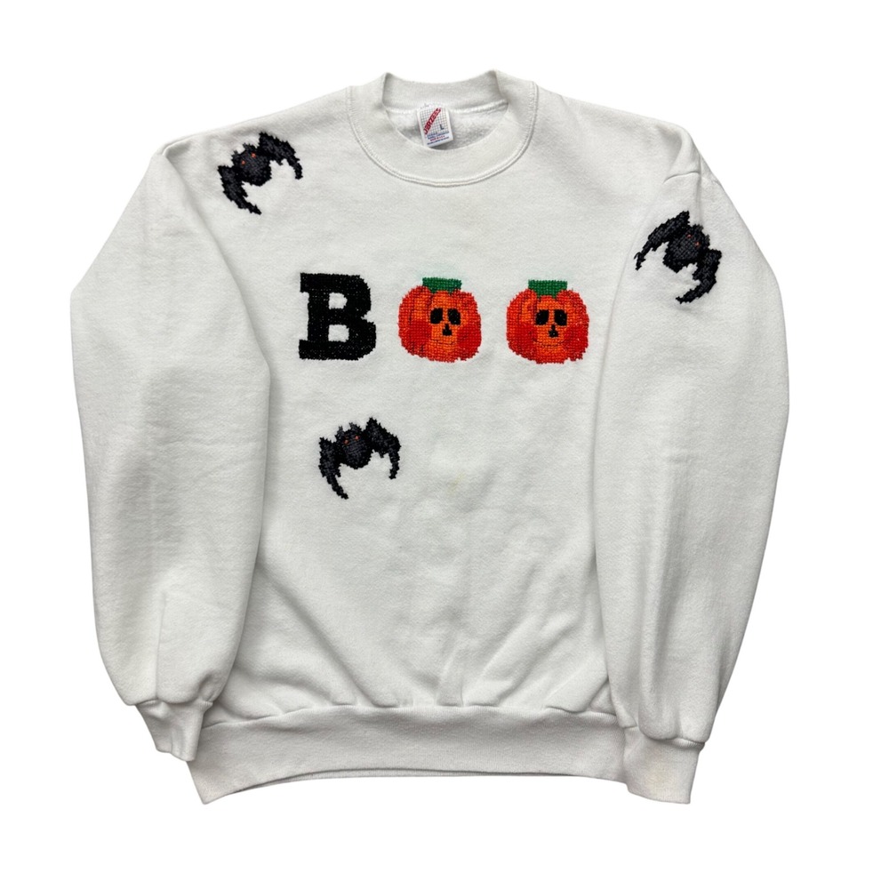 Vintage Jerzees Halloween Boo Pumpkin Spider Cross Stitch Sweatshirt USA L